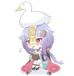  1girl animal bangs bendy_straw bird braid chibi coconut commentary drinking drinking_straw eighth_note eyebrows_visible_through_hair fruit_cup full_body genshin_impact hair_ornament hair_ribbon knees_up kurotofu long_hair long_sleeves musical_note purple_eyes purple_hair qiqi red_ribbon ribbon shadow short_eyebrows single_braid sitting solo symbol_commentary thick_eyebrows thighhighs very_long_hair white_background white_legwear wide_sleeves yin_yang 