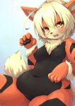  2019 5_fingers ahoge anthro anthrofied arcanine arm_tuft belly big_breasts black_body black_fur black_nose blue_background blush breasts canid canine chest_tuft claws cute_fangs featureless_breasts featureless_crotch female fingers fluffy fluffy_tail fur glistening glistening_body glistening_fur glistening_hair hair happy hi_res kemono looking_at_viewer mammal markings multicolored_body multicolored_fur navel nintendo open_mouth open_smile orange_body orange_fur pawpads pok&eacute;mon pok&eacute;mon_(species) shiitakemeshi short_hair signature simple_background slightly_chubby smile solo teeth thick_thighs tuft video_games white_body white_fur white_hair wrist_tuft yellow_eyes 