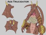  4:3 absurd_res aes_trucidator anthro armor blue_eyes bronze_(metal) brown_body brown_scales buckler claws fangs female frill_(anatomy) gladiator headgear helmet hi_res horn lizardfolk membrane_(anatomy) membranous_frill metalslay3rs scales scar shield solo teeth warrior wrap_bra 