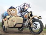  1girl brown_gloves camouflage camouflage_jacket earmuffs flat_cap gloves ground_vehicle hammer_and_sickle hat hibiki_(kantai_collection) kakizaki_(chou_neji) kantai_collection motor_vehicle motorcycle outdoors sidecar solo star_(symbol) stuffed_animal stuffed_toy teddy_bear verniy_(kantai_collection) white_headwear 