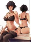  1girl ale_(ale_halexxx) ass bangs bare_back black_bra black_hair black_legwear black_panties blue_eyes blush bra breasts cleavage collarbone devil_may_cry dimples_of_venus graphite_(medium) hand_on_own_chest heterochromia indoors lace-trimmed_bra lace-trimmed_legwear lace_trim lady_(devil_may_cry) large_breasts looking_at_viewer multiple_straps multiple_views nail_polish navel o-ring panties red_eyes reflection scar scar_on_face scar_on_nose short_hair sitting sleeveless smile solo thighhighs thong traditional_media underwear underwear_only 