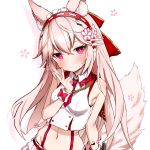  1girl animal_ear_fluff animal_ears armpit_crease bare_arms bare_shoulders breasts bright_pupils closed_mouth collared_shirt crop_top fox_ears fox_girl fox_tail groin hair_ornament hairband hand_up highres long_hair looking_at_viewer midriff navel necktie pink_eyes pink_hair shirt short_necktie simple_background sleeveless sleeveless_shirt small_breasts solo stomach suspenders tail tail_raised takanashi_kei_(hitsujikan) upper_body v vrchat white_background white_shirt wrist_cuffs 