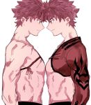  2boys bananachoco emiya_shirou eye_contact face-to-face fate/grand_order fate/stay_night fate_(series) from_side igote limited/zero_over looking_at_another male_focus multiple_boys muscle profile red_hair scar sengo_muramasa_(fate) short_hair smile upper_body yellow_eyes 