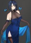 1girl bare_shoulders blue_butterfly blue_dress blue_eyes blue_hair bob_cut breasts brown_gloves brown_legwear bug butterfly cleavage cowboy_shot dress elbow_gloves gloves grey_background hayabusa heterochromia highres insect large_breasts long_dress looking_at_viewer medium_hair original parted_lips side_slit simple_background solo standing thighhighs 