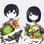  1boy 1girl apple avogado6 barcode black_eyes black_hair carrot colored_skin food fruit grapes holding holding_food holding_fruit holding_vegetable jitome lemon lettuce looking_at_viewer medium_hair original pear pepper red_apple shirt short_hair short_sleeves simple_background symbolism tagme tomato vegetable white_background white_shirt white_skin 