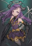  1girl absurdres bare_shoulders black_gloves black_legwear closed_mouth collarbone covered_collarbone demon_girl demon_horns demon_wings elbow_gloves gloves halo highres holding holding_polearm holding_weapon horns izayoi_cha long_hair original polearm purple_eyes purple_hair purple_skirt skeletal_wings sketch skirt smile solo spine tail thighhighs weapon wings 