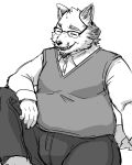  2020 4:5 absurd_res anthro belly bottomwear canid canine canis clothing domestic_dog eyes_closed eyewear glasses hi_res humanoid_hands kemono male mammal monochrome overweight overweight_anthro overweight_male pants sakusan_kc shirt simple_background sitting solo topwear white_background 