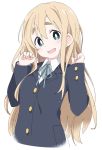  1girl blazer blonde_hair blue_eyes blue_neckwear blue_ribbon blush hands_up ixy jacket k-on! kotobuki_tsumugi long_hair long_sleeves open_mouth ribbon sakuragaoka_high_school_uniform school_uniform simple_background smile solo thick_eyebrows white_background 