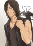  1boy blue_eyes bow_(weapon) brown_hair crossbow daryl_dixon isa_(peien516) long_hair male_focus mole muscle solo squinting the_walking_dead torn_clothes torn_sleeves upper_body vest wavy_hair weapon 