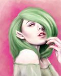  1girl commentary english_commentary face floortjesart gardevoir gen_3_pokemon green_hair hair_over_one_eye highres lips personification pink_eyes pointy_ears pokemon purple_background realistic simple_background 