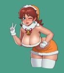  1girl bell bell_collar bent_over blue_eyes breasts brown_hair cleavage collar gloves green_background hat highres large_breasts looking_at_viewer low-cut mario_(series) midriff midriff_peek miniskirt one_eye_closed peace_symbol princess_daisy rizdraws santa_hat simple_background skirt super_mario_land thick_thighs thighhighs thighs v 