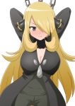  1girl arms_behind_back arms_up black_eyes blonde_hair blush breasts chain cleavage cynthia_(pokemon) hair_over_one_eye highres large_breasts long_hair pants pokemon pokemon_(game) pokemon_dppt simple_background solo standing very_long_hair white_background yugo-eti 