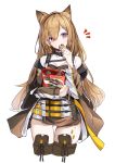  1girl animal_ears arknights ass_visible_through_thighs bag belt brown_eyes brown_hair brown_jacket brown_legwear ceobe_(arknights) cookie cropped_legs dog_ears eating food gu_luco highres holding jacket long_hair long_sleeves looking_at_viewer multiple_belts notice_lines off_shoulder open_clothes open_jacket plastic_bag shirt simple_background skindentation solo thigh_gap thighhighs thighs white_background white_shirt zettai_ryouiki 