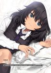  1girl andou_(girls_und_panzer) bangs bc_freedom_school_uniform bed_sheet black_dress black_hair black_legwear blue_neckwear brown_eyes character_name closed_mouth commentary_request copyright_name cover cover_page cursive dark_skin diagonal_stripes doujin_cover dress dress_shirt dutch_angle english_text eyebrows_visible_through_hair french_text girls_und_panzer glass_slipper kneehighs light_smile long_sleeves looking_at_viewer loose_necktie lying medium_hair messy_hair necktie on_bed on_side open_collar pinafore_dress school_uniform shirt solo striped striped_neckwear tan3charge white_shirt wing_collar 