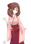  1girl artist_logo bow brown_hair drill_hair hair_bow hakama harukaze_(kantai_collection) highres japanese_clothes kantai_collection kimono leaning_forward looking_at_viewer meiji_schoolgirl_uniform pink_kimono red_bow red_eyes red_hakama simple_background solo t2r twin_drills white_background 