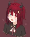  1girl :d ahoge black_capelet blush capelet drawn_whiskers fangs green_eyes hayabusa heterochromia horns long_hair looking_at_viewer neck_ribbon nijisanji open_mouth paw_print pink_neckwear pink_ribbon red_background red_eyes ribbon simple_background slit_pupils smile solo two_side_up yuzuki_roa 