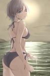  1girl asakura_tooru ass bangs bare_arms bare_back bikini black_bikini black_swimsuit blue_eyes bracelet breasts cloud cloudy_sky dimples_of_venus eyebrows_visible_through_hair hair_between_eyes halterneck highres idolmaster idolmaster_shiny_colors in_water jewelry k-chitsu light_particles light_smile looking_at_viewer looking_back medium_breasts multicolored_hair outdoors parted_lips short_hair side-tie_bikini sky sleeveless solo sun swimsuit thighs two-tone_hair water wet wet_clothes wet_swimsuit 