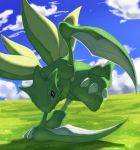  black_eyes blue_sky claws cloud cloudy_sky creature day full_body gen_1_pokemon grass green_theme no_humans outdoors pinkgermy pokemon pokemon_(creature) scyther sky solo 
