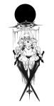  1girl absurdres armor closed_mouth crown dripping dual_wielding facial_mark greyscale halo highres holding holding_sword holding_weapon horns izayoi_cha knight long_horns medium_hair monochrome navel original pauldrons shoulder_armor simple_background sketch solo sun sword vambraces weapon white_background 