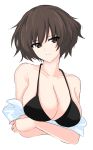  1girl absurdres aikir_(jml5160) akiyama_yukari bangs bikini black_bikini breast_hold breasts brown_eyes brown_hair cleavage commentary cowboy_shot cropped_torso crossed_arms eyebrows_visible_through_hair girls_und_panzer head_tilt highres large_breasts looking_at_viewer messy_hair off_shoulder older parted_lips shirt short_hair simple_background sketch smirk solo swimsuit white_background white_shirt 