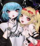  2girls alternate_costume arm_tattoo armpit_crease armpit_peek bangs bare_shoulders bitaro black_jacket blonde_hair blue_hair chain claw_pose commentary_request contemporary ear_piercing eyebrows_visible_through_hair eyelashes eyeshadow fangs fingernails flandre_scarlet flower flower_necklace hair_ornament hair_ribbon hairpin hand_tattoo hand_up hat head_tilt highres jacket jewelry lightning lip_piercing long_fingernails looking_at_viewer makeup mask mask_pull mask_removed multiple_girls nail_polish necklace off_shoulder one_side_up open_mouth outstretched_hand piercing pointy_ears raised_eyebrow red-tinted_eyewear red_eyes red_nails red_ribbon remilia_scarlet ribbon ring rose sharp_fingernails shirt short_hair shoulder_strap shoulder_tattoo siblings sidelocks sisters smile tattoo thumb_ring tongue tongue_out tongue_piercing touhou upper_body watch white_shirt wristband wristwatch 