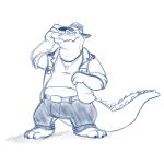  1:1 2015 alligator alligatorid anthro bottomwear brok_(character) brok_the_investigator clothing crocodilian hat headgear headwear hi_res hubie360 kresblain male pants reptile scalie shirt simple_background sketch solo topwear video_games white_background 