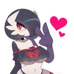  1girl alternate_shiny_pokemon bangs bare_shoulders black_choker black_hair black_panties black_shirt black_skin blush bob_cut breasts choker chromatic_aberration clarevoir cleavage closed_mouth collarbone colored_skin commentary commission covered_nipples crop_top crop_top_overhang english_commentary gardevoir gen_3_pokemon hair_over_one_eye hand_up heart highres huge_breasts looking_away looking_to_the_side mixed-language_commentary multicolored multicolored_skin navel off_shoulder panties pink_legwear pokemon pokemon_(creature) purple_skin red_eyes shiny shiny_hair shiny_skin shirt short_hair short_sleeves simple_background skindentation solo stomach thighhighs underboob underwear upper_body v white_background white_skin 