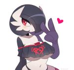  1girl alternate_shiny_pokemon bangs bare_shoulders black_choker black_hair black_panties black_shirt black_skin blush bob_cut breasts choker chromatic_aberration clarevoir cleavage closed_mouth collarbone colored_skin commentary commission covered_nipples crop_top crop_top_overhang english_commentary gardevoir gen_3_pokemon hair_over_one_eye hand_up heart highres huge_breasts jpeg_artifacts looking_away looking_to_the_side multicolored multicolored_skin navel off_shoulder panties pink_legwear pokemon pokemon_(creature) purple_skin red_eyes shiny shiny_hair shiny_skin shirt short_hair short_sleeves simple_background skindentation solo stomach thighhighs underboob underwear upper_body v white_background white_skin 