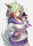  1girl animal_ears breasts character_request cleavage closed_mouth commentary_request controller cosplay fang game_controller green_hair grey_background hair_over_one_eye hand_in_pocket highres holding holding_controller holding_game_controller long_sleeves looking_at_viewer medium_breasts multicolored_hair neptune_(neptune_series) neptune_(neptune_series)_(cosplay) neptune_(series) red_eyes red_hair sakumichi simple_background skin_fang smile solo tail two-tone_hair virtual_youtuber 
