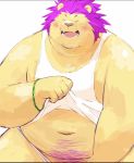  2020 anthro belly blush brown_body brown_fur clothing eyes_closed felid fur kemono lion male mammal navel overweight overweight_anthro overweight_male pantherine pubes sessa shirt simple_background solo topwear underwear white_background 