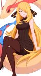  1girl bare_arms black_footwear black_sweater blonde_hair breasts brown_eyes commentary crossed_legs cynthia_(pokemon) dress gen_3_pokemon hair_flaps hair_over_one_eye high_heels highres kgctcg long_hair looking_at_viewer milotic pantyhose pokemon pokemon_(creature) pokemon_(game) pokemon_dppt simple_background sitting smile sweater sweater_dress turtleneck turtleneck_sweater twitter_username very_long_hair white_background 