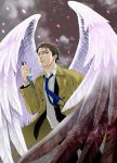  1boy blood bloody_wings blue_eyes brown_hair castiel dagger embers facial_hair isa_(peien516) looking_at_viewer male_focus necktie parted_lips reverse_grip solo stubble supernatural_(tv_series) trench_coat weapon wings 