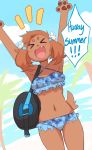  ! accessory anthro beach bikini breasts brown_body brown_fur brown_hair canid canine canis cheering clothed clothing dialogue domestic_dog duffel_bag english_text eyes_closed female flower flower_in_hair fur hair hair_accessory hi_res lightsource mammal palm_tree paws pepper_(lightsource) plant ponytail_ears raised_arm seaside sky solo summer swimwear text tree xd 