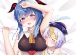  2girls ^_^ absurdres arm_up armpits bed_sheet bell blush bodysuit breast_feeding breast_sucking breasts closed_eyes covered_nipples cowbell drinking ganyu_(genshin_impact) genshin_impact goat_horns happy highres horns jiangshi large_breasts looking_at_viewer multiple_girls nipples nude open_mouth purple_eyes qiqi reikyou saliva sheet_grab tears torn_bodysuit torn_clothes upper_body 
