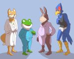  amphibian anthro barefoot bathrobe black_clothing black_shirt black_topwear blue_background blue_bottomwear blue_clothing blue_pants blue_shirt blue_topwear bottomwear briefs canid canine clothing elderly_male falco_lombardi fox fox_mccloud frog group hand_on_hip lagomorph leporid male mammal nightshirt nintendo open_mouth pajamas pants pattern_bottomwear pattern_clothing pattern_pants pattern_shirt pattern_topwear peppy_hare purple_clothing rabbit robe shadow shirt simple_background slippy_toad smile solo star_fox striped_bottomwear striped_clothing striped_pants striped_shirt striped_topwear stripes tank_top teeth_showing thegreatmatsutzu tighty_whities tongue_showing topwear underwear video_games white_clothing white_robe white_underwear 