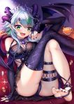  1girl :d artist_name bare_shoulders barefoot blue_hair breasts bsapricot_(vtuber) cleavage commentary cup fang fingerless_gloves gloves green_eyes green_hair highres horns long_hair looking_at_viewer medium_breasts multicolored_hair nail_polish open_mouth pointy_ears purple_legwear single_thighhigh sitting skin_fang smile solo spiked_anklet squchan teacup thigh_strap thighhighs thighs tiara toenail_polish vshojo wings 