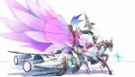  1girl back black_shorts blue_eyes blue_hair boots choker detached_sleeves fire_emblem high_heel_boots high_heels highres holding holding_weapon horse kurosawa_tetsu long_hair machinery oribe_tsubasa pegasus pegasus_knight polearm ponytail shadow shorts simple_background solo sparkle spear thigh_boots thighhighs thighs tokyo_mirage_sessions_fe weapon white_background wings 