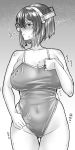  1girl ass_visible_through_thighs blush breasts cleavage commentary_request competition_school_swimsuit covered_navel cowboy_shot glasses greyscale hairband highleg highleg_swimsuit highres kantai_collection kirishima_(kantai_collection) large_breasts looking_at_viewer monochrome profile reizou short_hair solo standing swimsuit thigh_gap 