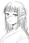  1girl bangs greyscale hair_ribbon hakama iori_utahime japanese_clothes jujutsu_kaisen long_hair looking_at_viewer monochrome nokataro ribbon scar scar_on_face sketch solo upper_body white_background 