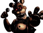  2020 animatronic anthro big_bow_tie black_eyebrows black_nose bow_tie brown_body clothed clothing eyebrows fangame five_nights_at_freddy&#039;s five_nights_at_freddy&#039;s_plus freckles freddy_(fnaf) glowing glowing_eyes hat headgear headwear hi_res looking_at_viewer machine male mammal microphone multicolored_body not-cucumber open_mouth pawpads paws raised_arm red_eyes robot round_ears simple_background smile solo standing tan_body teeth top_hat topwear ursid vest video_games white_background 