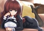  blue_eyes brown_hair couch dress long_hair mocchi pantyhose tagme_(character) 