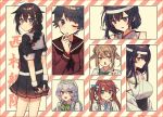  6+girls :o ahoge asagumo_(kantai_collection) bangs black_gloves black_hair blush bow bowtie braid breasts brown_hair eyebrows_visible_through_hair fingerless_gloves floral_print fusou_(kantai_collection) gloves hair_ornament hairband headband headgear highres japanese_clothes kantai_collection long_hair long_sleeves michishio_(kantai_collection) mogami_(kantai_collection) multiple_girls remodel_(kantai_collection) sailor_collar saitu_miki school_uniform serafuku shigure_(kantai_collection) short_hair short_sleeves silver_hair single_braid skirt smile striped striped_background suspenders twintails twitter_username yamagumo_(kantai_collection) yamashiro_(kantai_collection) 