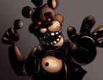  2020 animatronic anthro big_bow_tie black_eyebrows black_nose bow_tie brown_background brown_body clothed clothing eyebrows fangame five_nights_at_freddy&#039;s five_nights_at_freddy&#039;s_plus freckles freddy_(fnaf) glowing glowing_eyes hat headgear headwear hi_res looking_at_viewer machine male mammal microphone multicolored_body not-cucumber open_mouth pawpads paws raised_arm red_eyes robot round_ears simple_background smile solo standing tan_body teeth top_hat topwear ursid vest video_games 