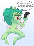  5_toes adult_fink anthro anus butt cartoon_network controller dialogue ear_piercing eyebrows feet female fink_(ok_k.o.!_lbh) fur game_controller genitals gradient_background green_body green_fur green_hair hair humanoid_feet implied_technical_incest mammal mannysdirt murid murine nude ok_k.o.!_let&#039;s_be_heroes piercing ponytail pussy raised_eyebrow rat rodent simple_background solo toes 