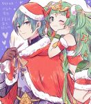  1boy 1girl armor bare_shoulders black_armor blue_background blush bow braid brown_gloves byleth_(fire_emblem) byleth_(fire_emblem)_(male) cape christmas christmas_ornaments closed_mouth commentary_request dress eyebrows_visible_through_hair fire_emblem fire_emblem:_three_houses fire_emblem_heroes floating fur-trimmed_cape fur-trimmed_dress fur_trim gloves green_eyes green_hair green_ribbon hair_between_eyes hair_ornament hair_ribbon hat heart highres holding holding_sack long_hair looking_at_viewer navel one_eye_closed pointy_ears red_bow red_cape red_dress red_ribbon ribbon ribbon_braid sack santa_costume santa_hat short_hair simple_background smile sothis_(fire_emblem) star_(symbol) tiara twin_braids yataba 