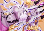  1girl absurdres black_sclera bracelet breasts colored_skin fate/grand_order fate_(series) fingernails highres horns ibuki_douji_(fate) jewelry large_breasts navel purple_skin red_eyes sharp_fingernails solo tokustarch white_hair 