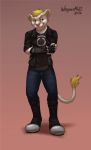  anthro blonde_hair clothed clothing felid footwear fully_clothed hair jacket lion male mammal pantherine pink_nose shoes smiling_at_viewer solo teenager topwear wagnermutt yellow_eyes young 