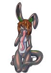  2019 anthro brown_hair clayman778 collar digital_media_(artwork) fur hair happy hi_res long_hair long_tongue looking_at_viewer male narehate nude open_mouth simple_background sitting solo tongue tongue_out yellow_eyes 