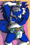  anthro blue_body blue_fur blush canid canine canis capcom claws darkstalkers diaper embarrassed fangs fur hi_res humiliation infantilism jon_talbain male mammal solo unknown_artist video_games were werecanid werecanine werewolf white_body white_fur wolf yellow_claws yellow_eyes 