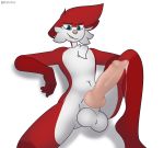  absurd_res animal_genitalia animal_penis anthro balls bodily_fluids canid canine canine_penis digital_media_(artwork) erection fox fur genital_fluids genitals hi_res keto_(ketofur) ketofur_(artist) knot looking_at_viewer male mammal nude penis red_fox simple_background smile solo 